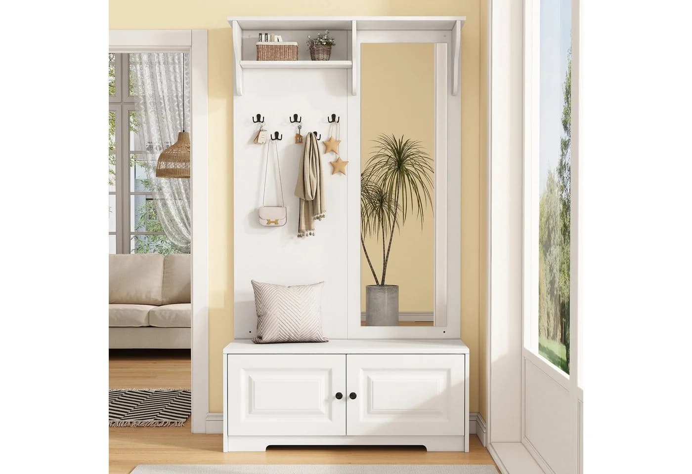 Merax Garderoben-Set mit Spiegel, Flurgarderobe mit 5 Haken, 2 Schränken, Regal, Schuhschrank & Sitzbank - Bild 3