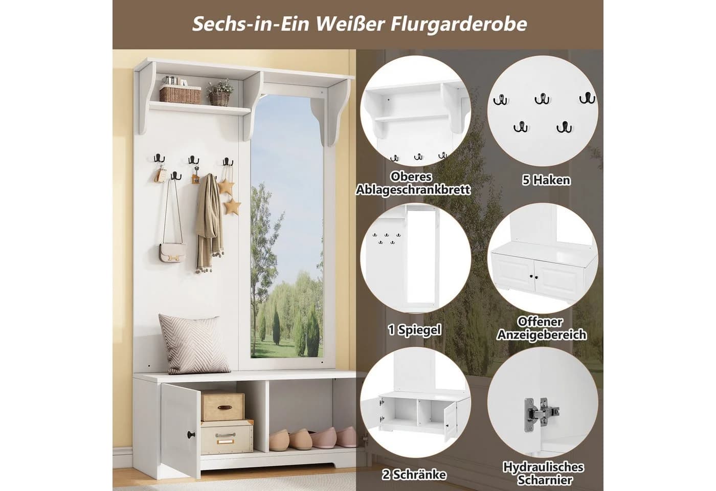 Merax Garderoben-Set mit Spiegel, Flurgarderobe mit 5 Haken, 2 Schränken, Regal, Schuhschrank & Sitzbank - Bild 4