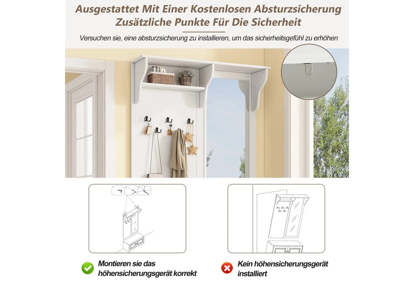 Merax Garderoben-Set mit Spiegel, Flurgarderobe mit 5 Haken, 2 Schränken, Regal, Schuhschrank & Sitzbank - Bild 5