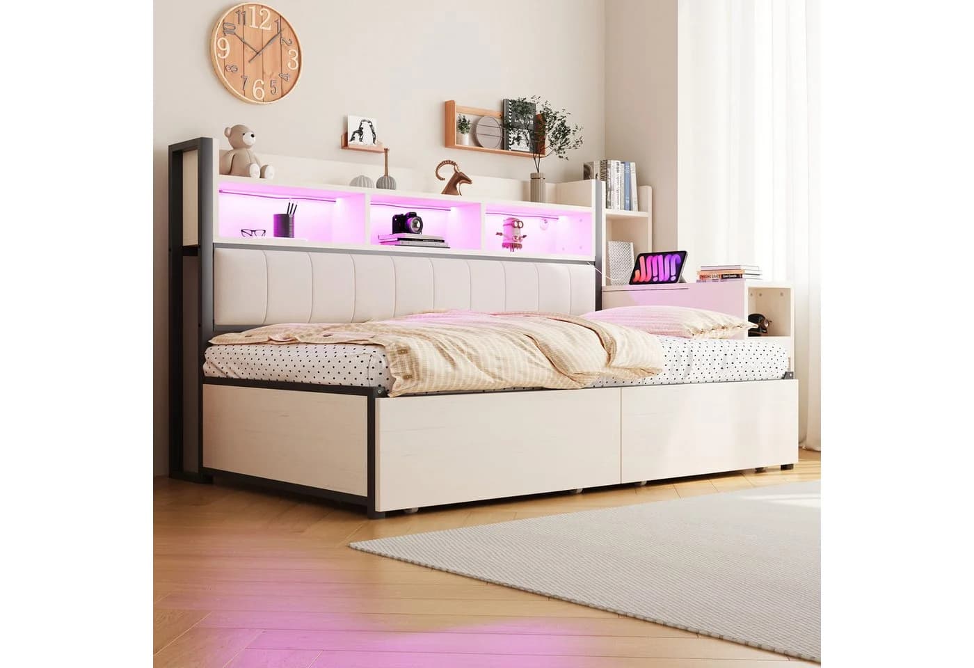 Merax Daybett mit LED-Beleuchtung, Steckdosen & großem Stauraum, Eisenbett - Bild 3