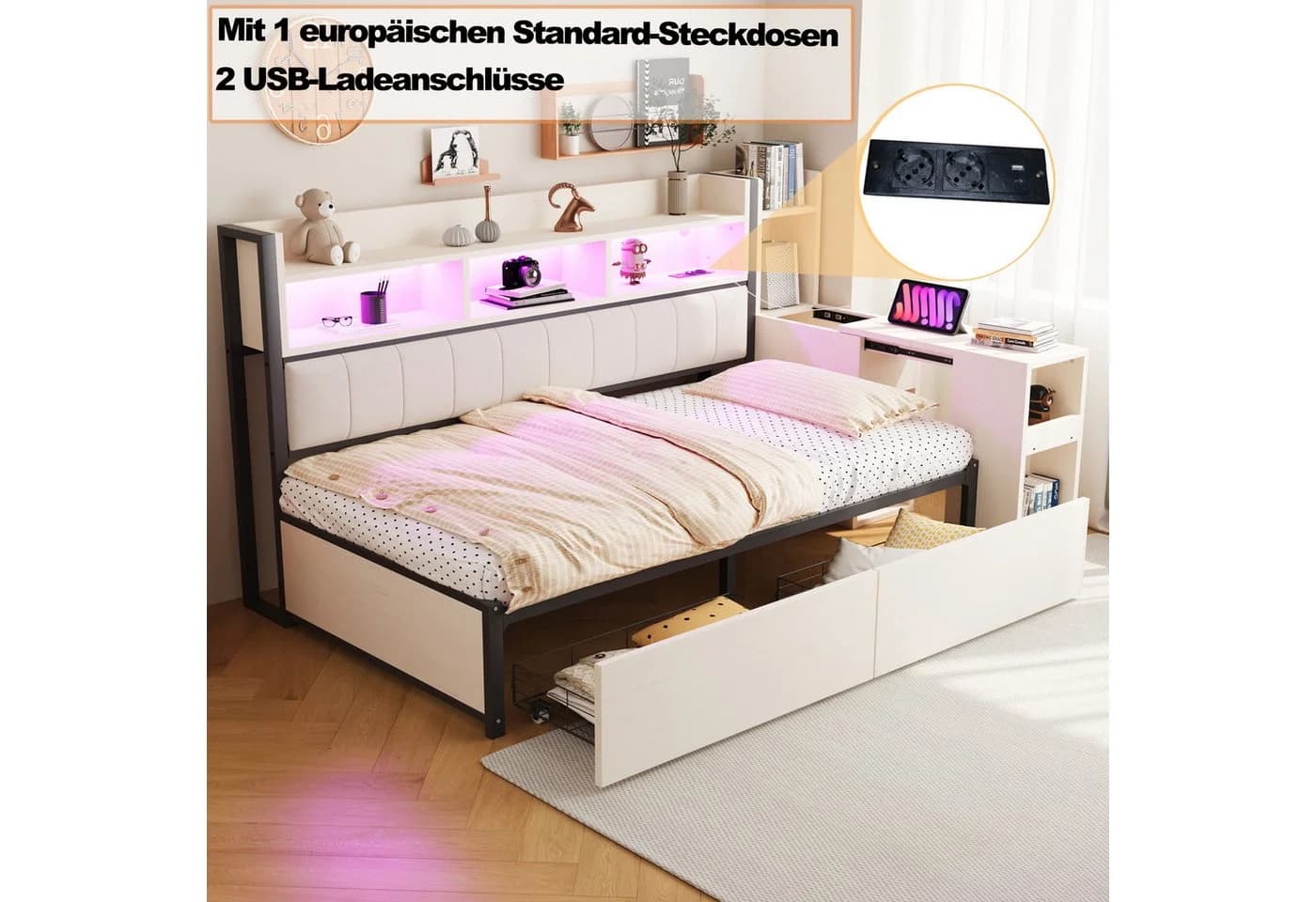 Merax Daybett mit LED-Beleuchtung, Steckdosen & großem Stauraum, Eisenbett - Bild 5