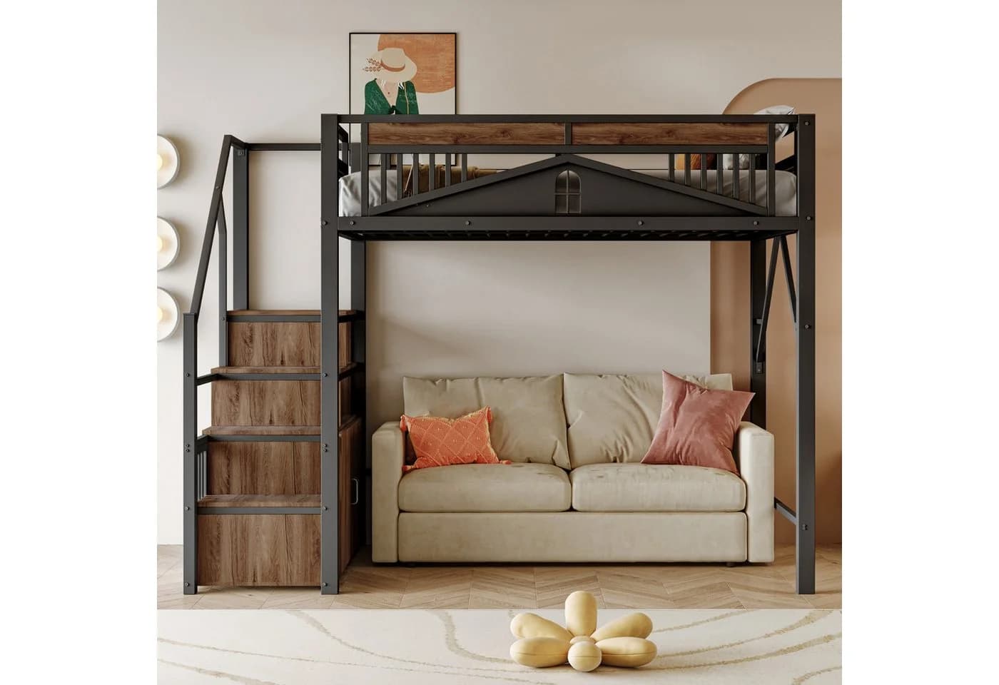 Merax Metall-Hochbett 140x200cm mit Stauraumtreppe Schutzzaun - Bild 1