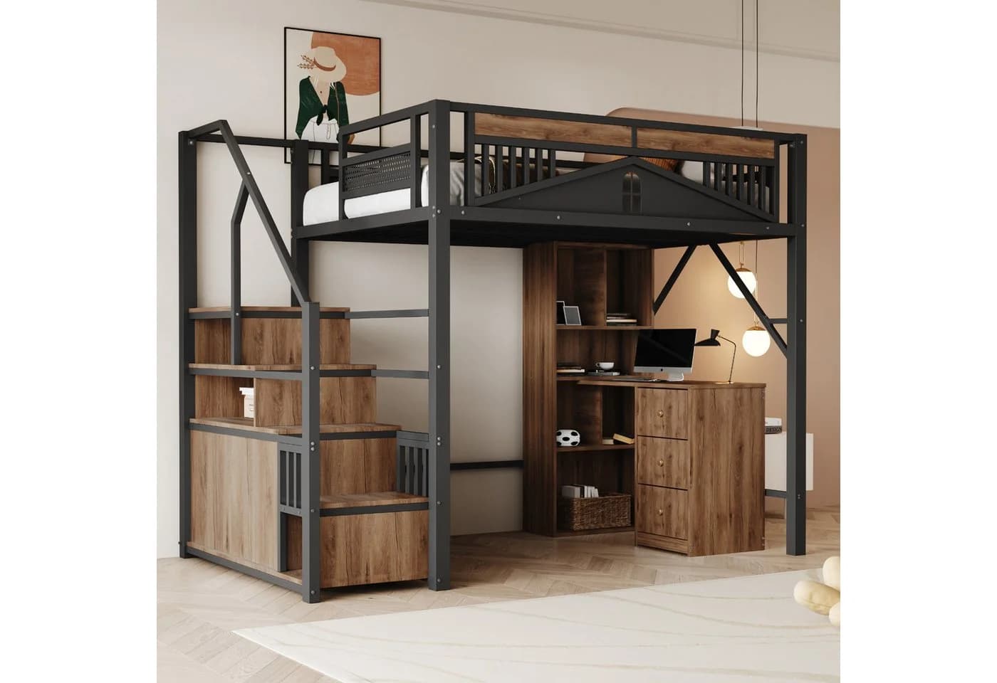 Merax Metall-Hochbett 140x200cm mit Stauraumtreppe Schutzzaun - Bild 2