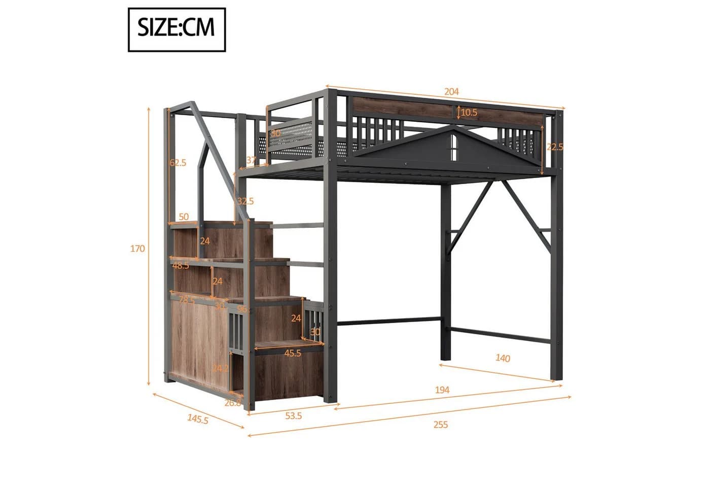 Merax Metall-Hochbett 140x200cm mit Stauraumtreppe Schutzzaun - Bild 4