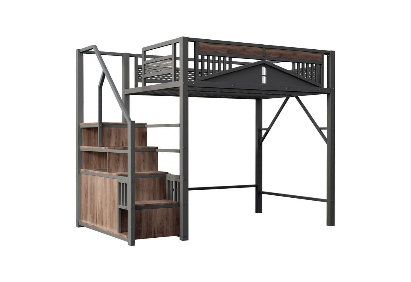 Merax Metall-Hochbett 140x200cm mit Stauraumtreppe Schutzzaun - Bild 5