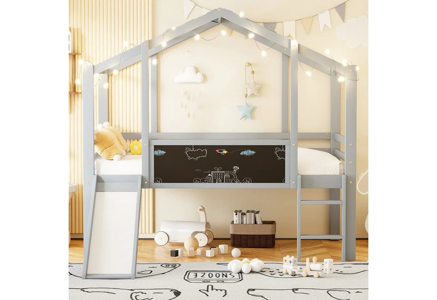 Merax Hochbett im Hausstil 90x200cm mit Rutsche, Leiter, Tafel & Dach