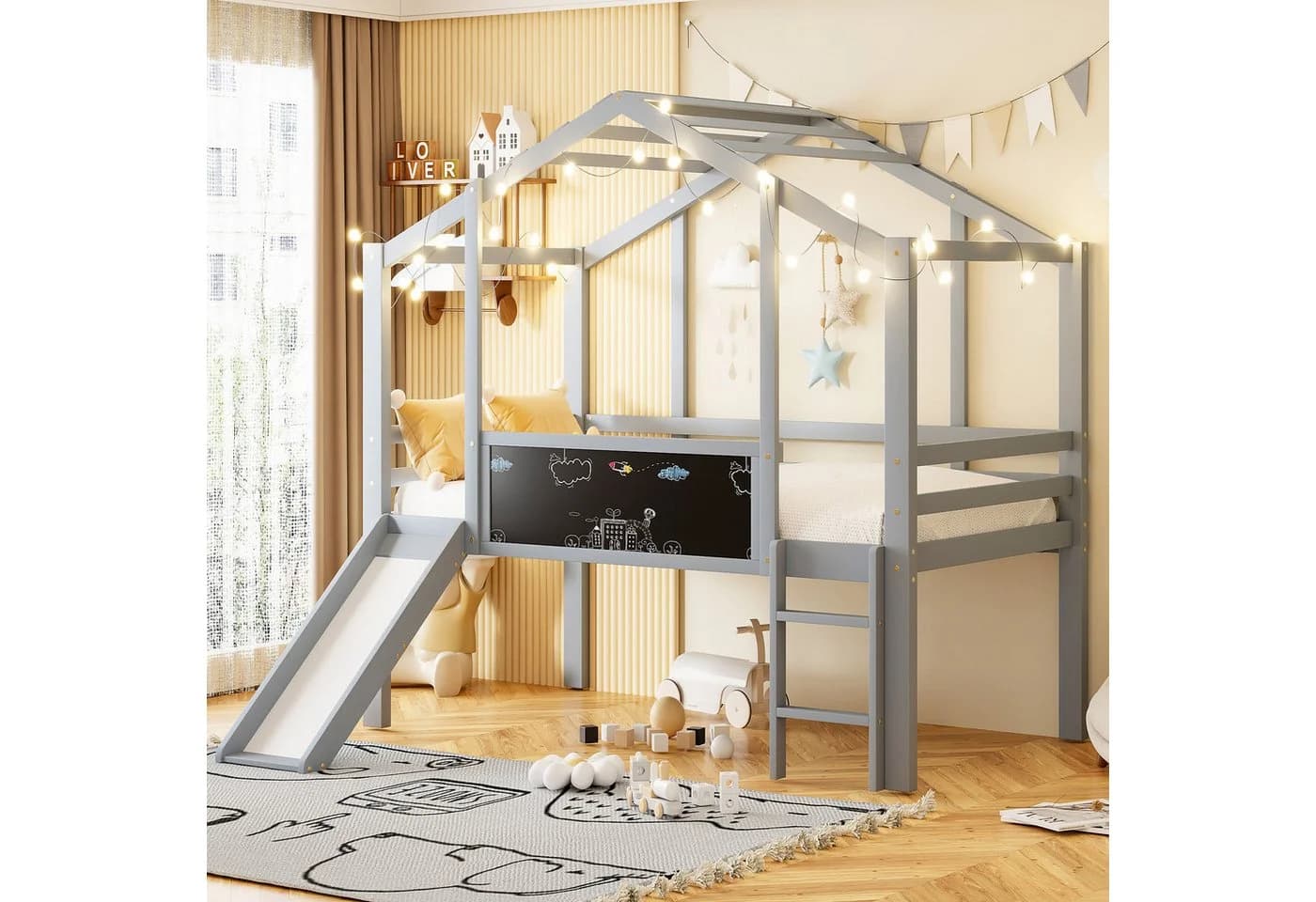 Merax Hochbett im Hausstil 90x200cm mit Rutsche, Leiter, Tafel & Dach - Bild 2