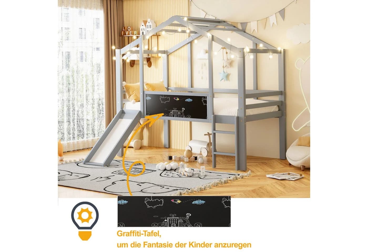 Merax Hochbett im Hausstil 90x200cm mit Rutsche, Leiter, Tafel & Dach - Bild 4