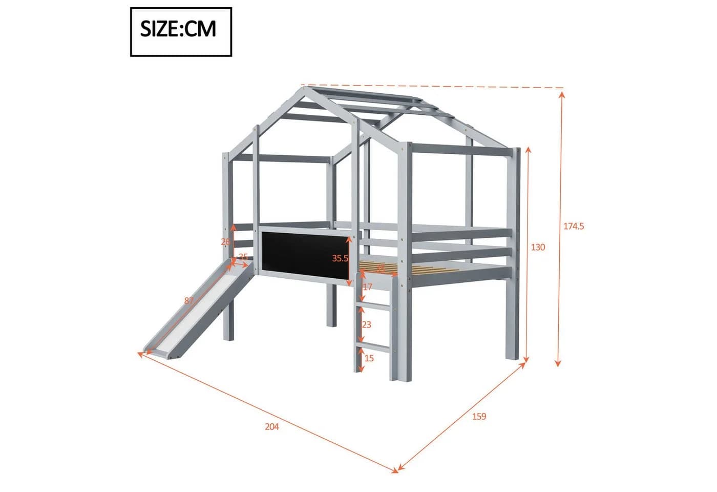 Merax Hochbett im Hausstil 90x200cm mit Rutsche, Leiter, Tafel & Dach - Bild 5
