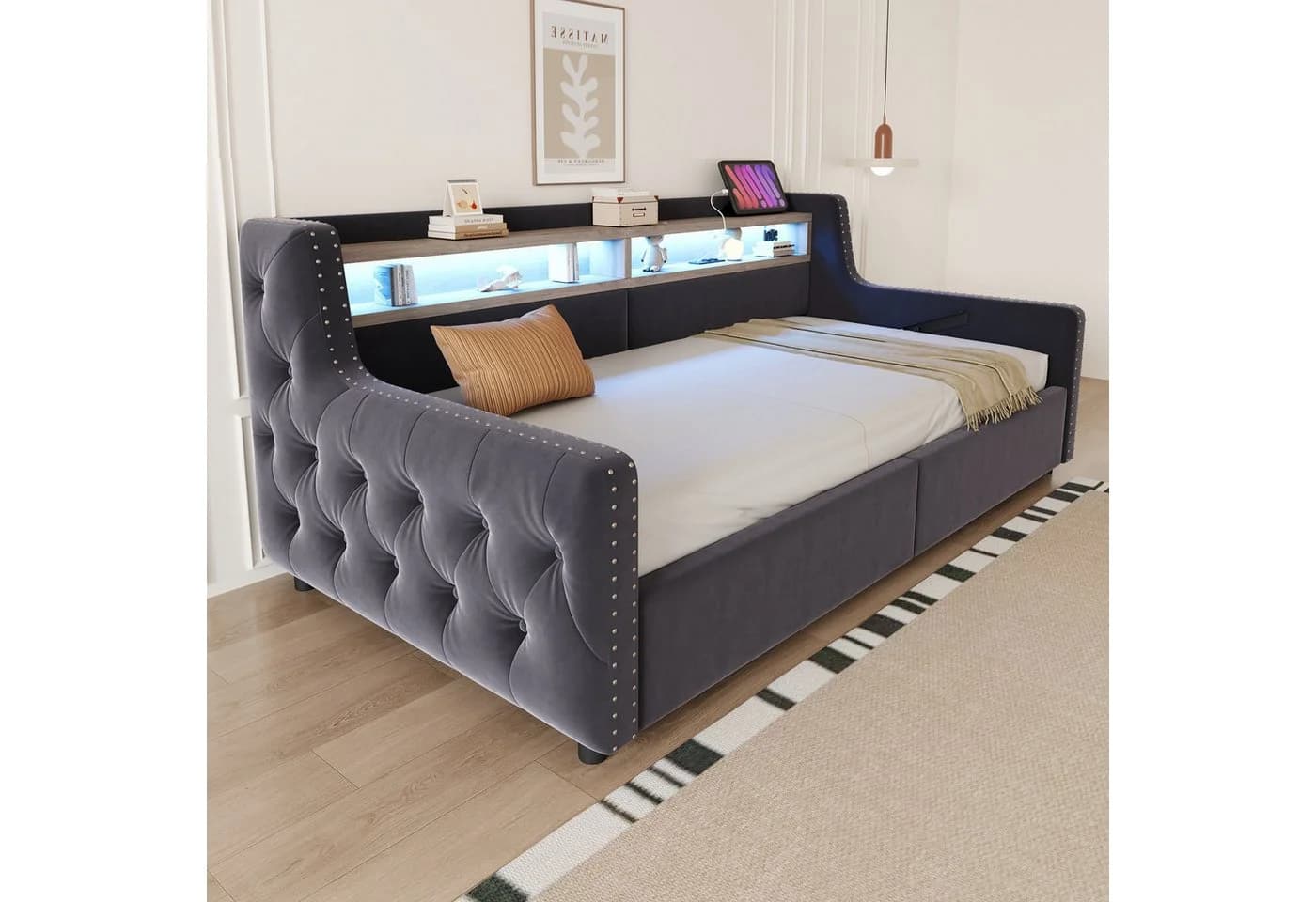 Merax Polsterbett-Schlafsofa 90x200 cm mit LED-Beleuchtung