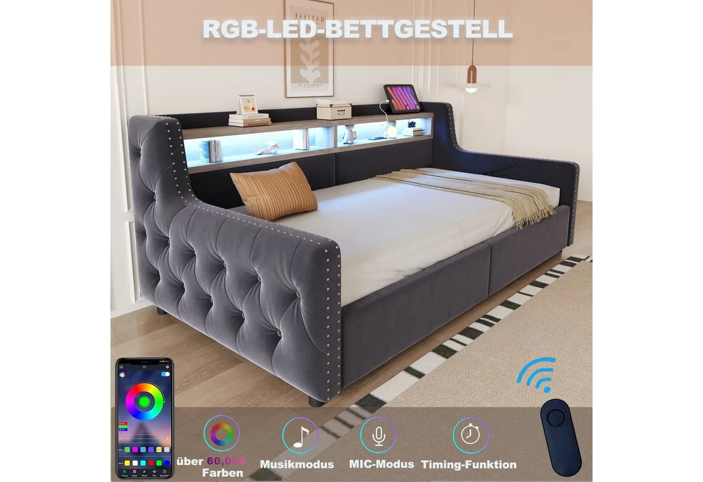 Merax Polsterbett-Schlafsofa 90x200 cm mit LED-Beleuchtung - Bild 5