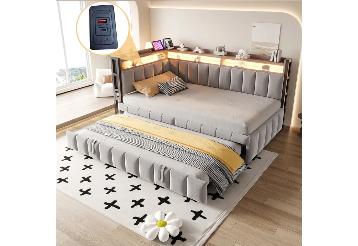 Merax Schlafsofa 90x200 cm mit LED-Beleuchtung & USB-Anschluss - Bild 2