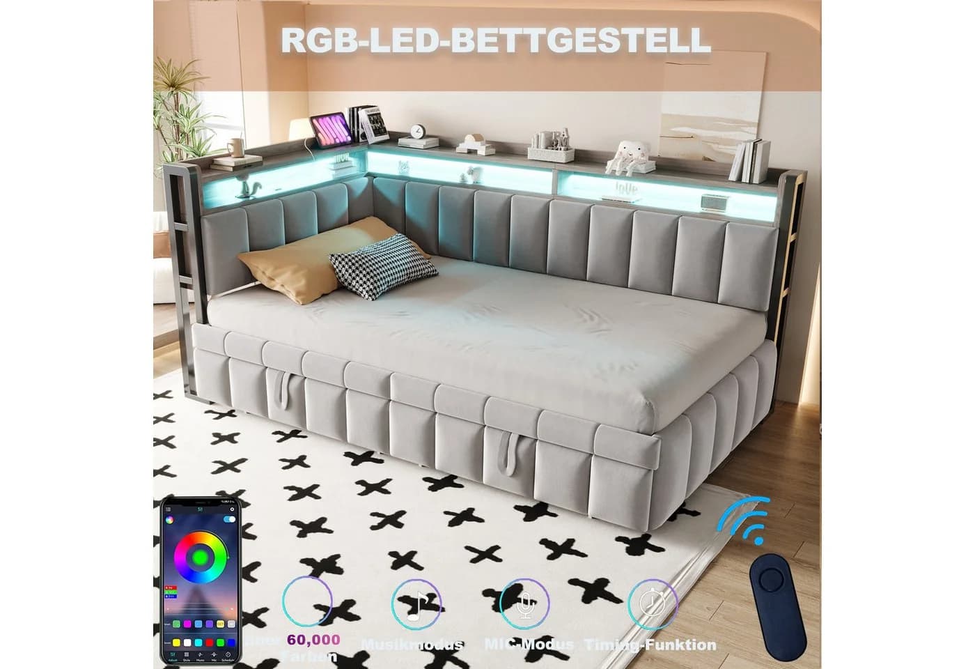 Merax Schlafsofa 90x200 cm mit LED-Beleuchtung & USB-Anschluss - Bild 4