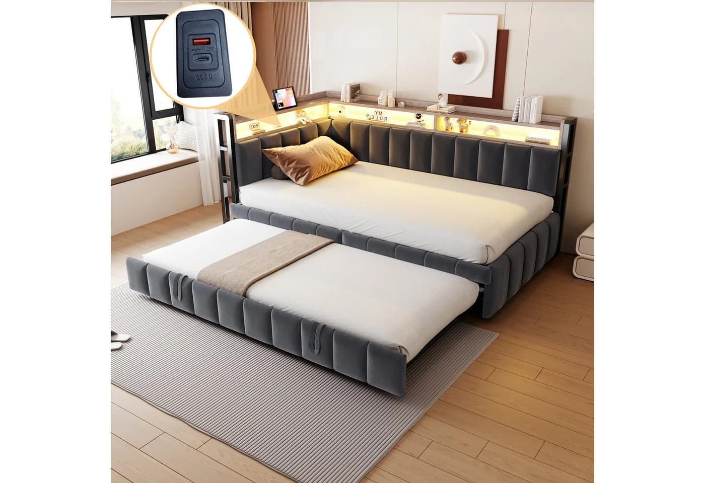 Merax Schlafsofa 90x200 cm mit LED-Beleuchtung & USB-Anschluss - Bild 2