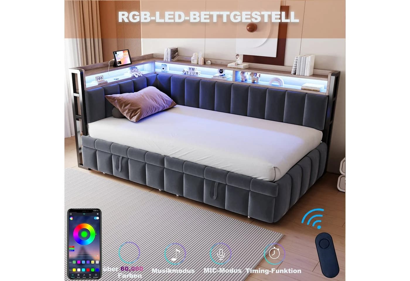 Merax Schlafsofa 90x200 cm mit LED-Beleuchtung & USB-Anschluss - Bild 4