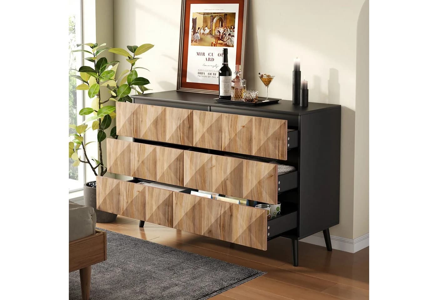 Merax Sideboard 6 Schubladen Schwarz Holzoptik - Bild 2
