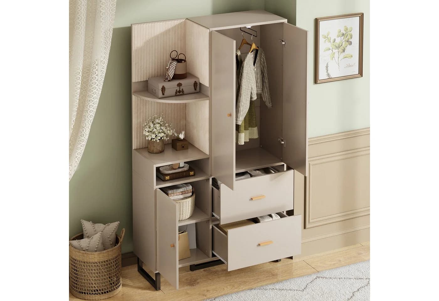Merax Kompaktgarderobe mit Polsterpaneelen Graubeige