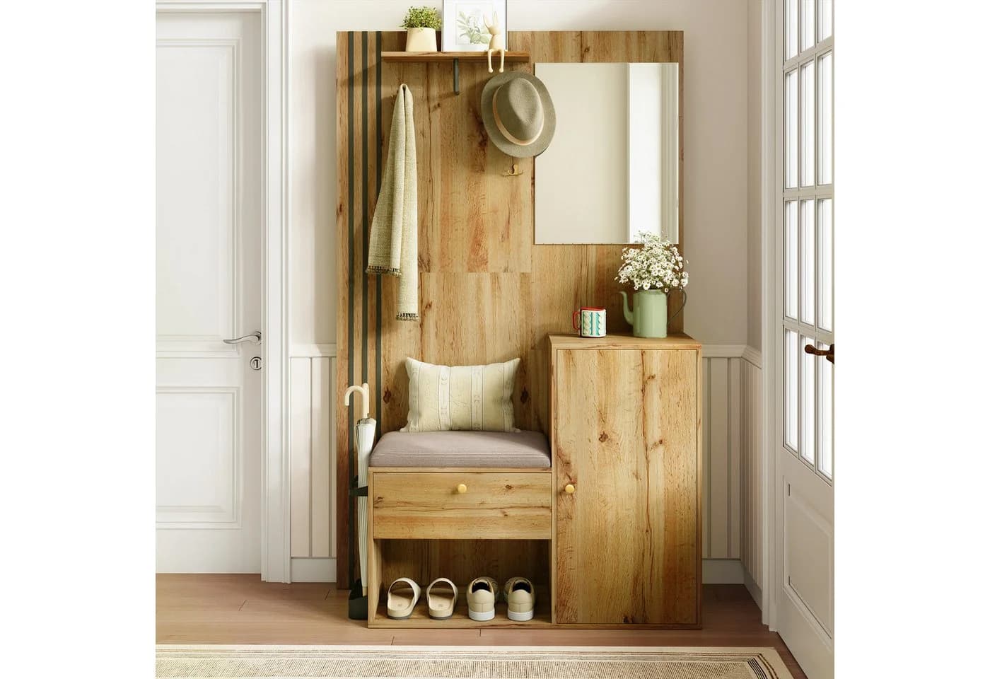 Merax Garderobe mit Spiegel und Sitzkissen