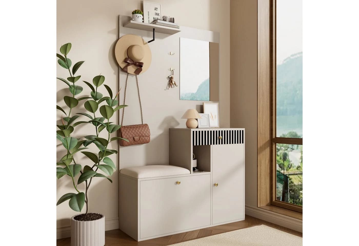 Merax Garderoben-Set mit Spiegel, Schuhschrank & Sitzkissen, Garderobenkombination Möbelset für Eingangsbereich - Bild 2