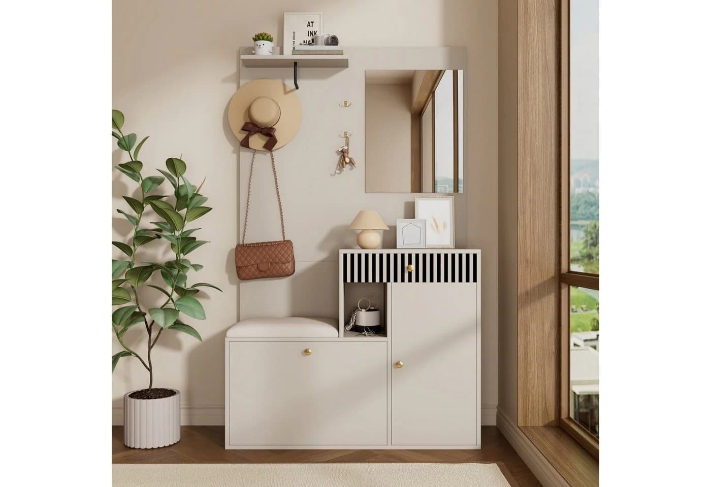 Merax Garderoben-Set mit Spiegel, Schuhschrank & Sitzkissen, Garderobenkombination Möbelset für Eingangsbereich - Bild 3