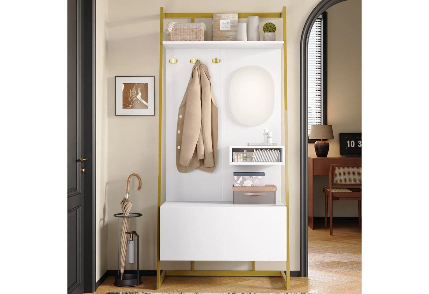 Merax Kompaktgarderobe mit Spiegel, Garderoben-Set aus Holz & Metall
