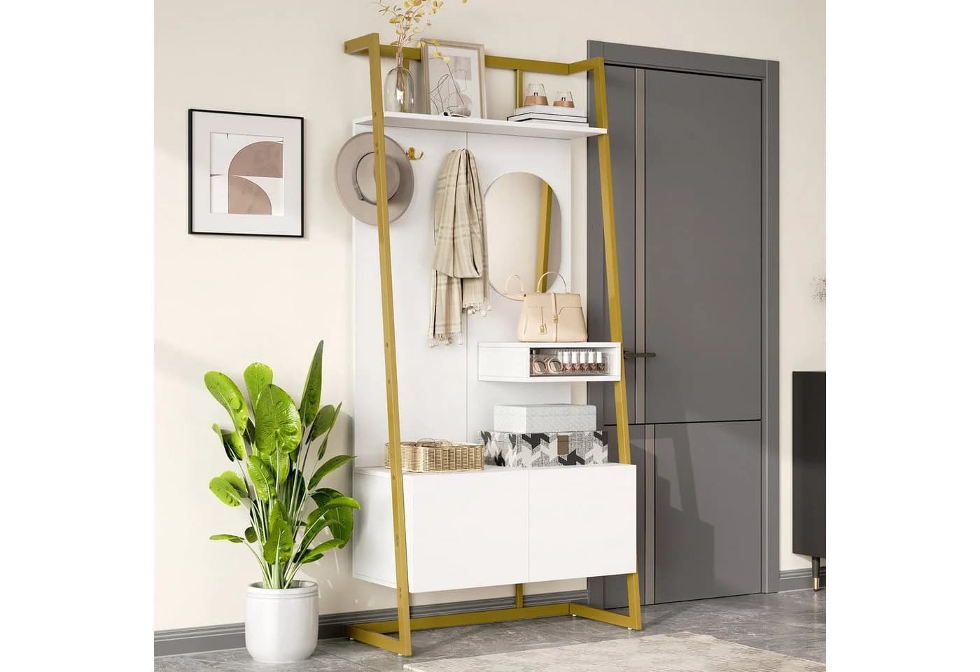 Merax Kompaktgarderobe mit Spiegel, Garderoben-Set aus Holz & Metall - Bild 4