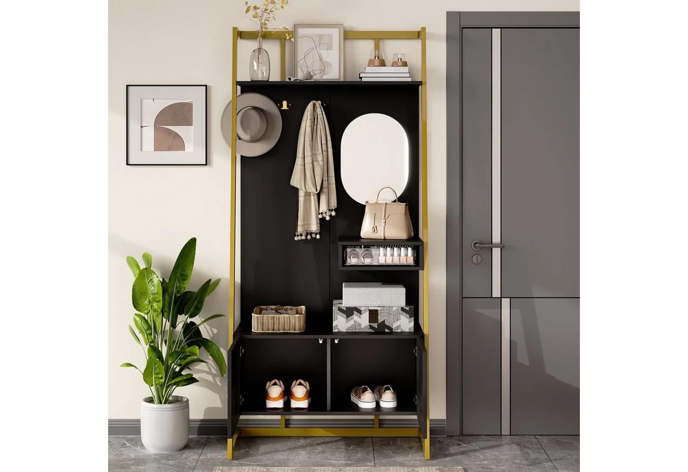 Merax Kompaktgarderobe mit Spiegel, Garderoben-Set aus Holz & Metall, Flurschrank mit Metallhaken, Schuhschrank & Sitzbank