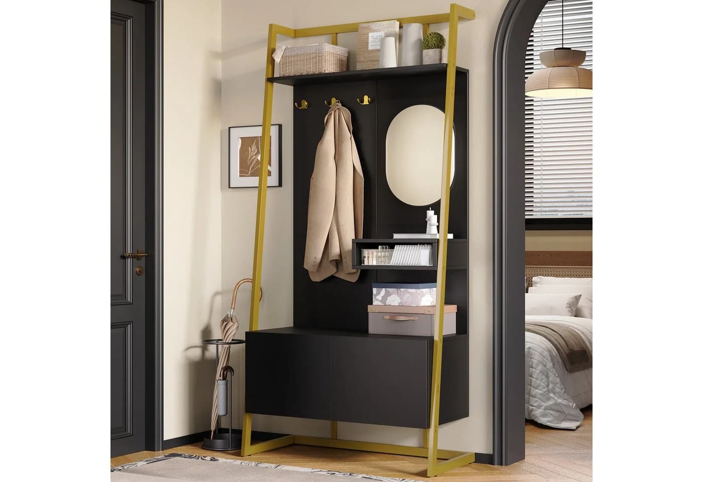 Merax Kompaktgarderobe mit Spiegel, Garderoben-Set aus Holz & Metall, Flurschrank mit Metallhaken, Schuhschrank & Sitzbank - Bild 2