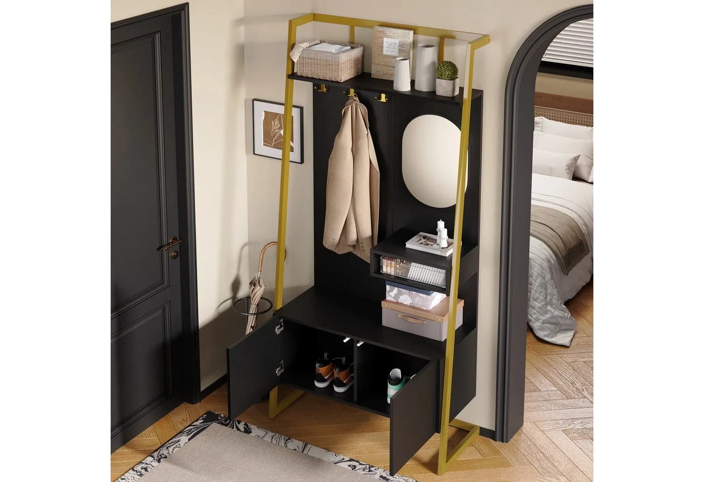 Merax Kompaktgarderobe mit Spiegel, Garderoben-Set aus Holz & Metall, Flurschrank mit Metallhaken, Schuhschrank & Sitzbank - Bild 3