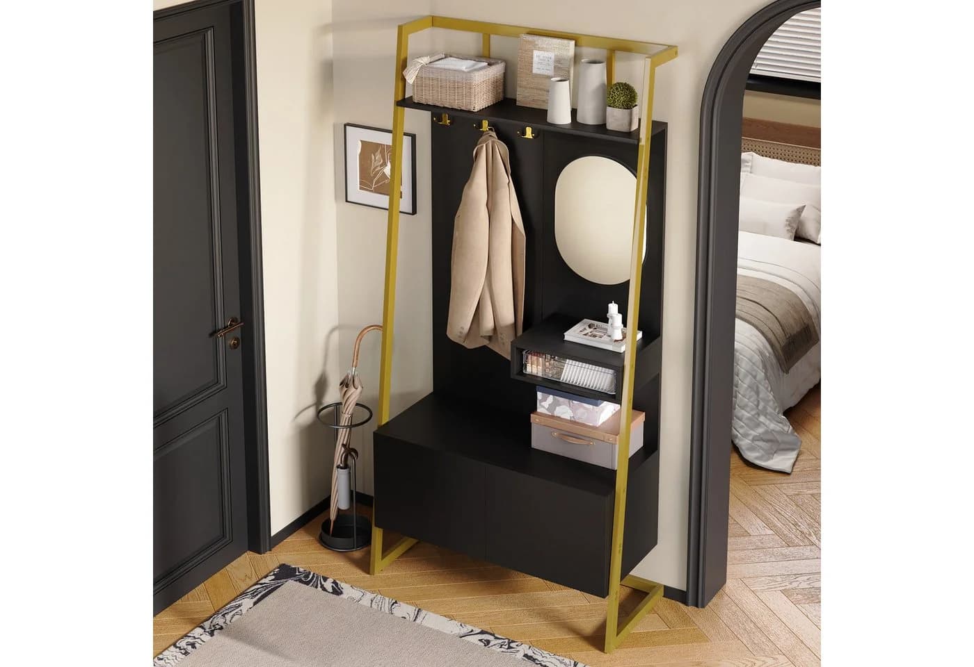 Merax Kompaktgarderobe mit Spiegel, Garderoben-Set aus Holz & Metall, Flurschrank mit Metallhaken, Schuhschrank & Sitzbank - Bild 4