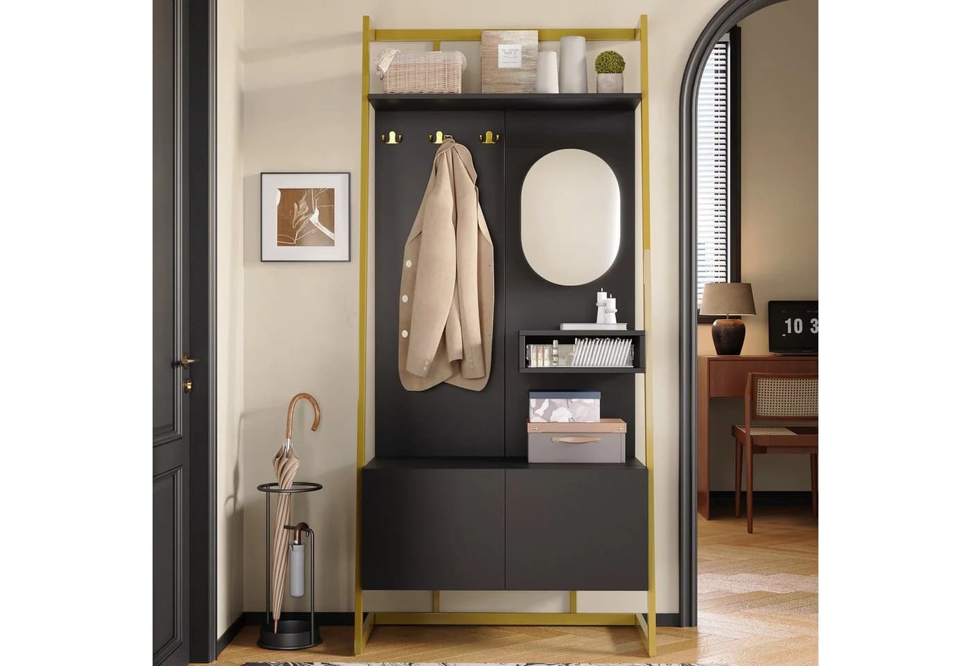 Merax Kompaktgarderobe mit Spiegel, Garderoben-Set aus Holz & Metall, Flurschrank mit Metallhaken, Schuhschrank & Sitzbank - Bild 5