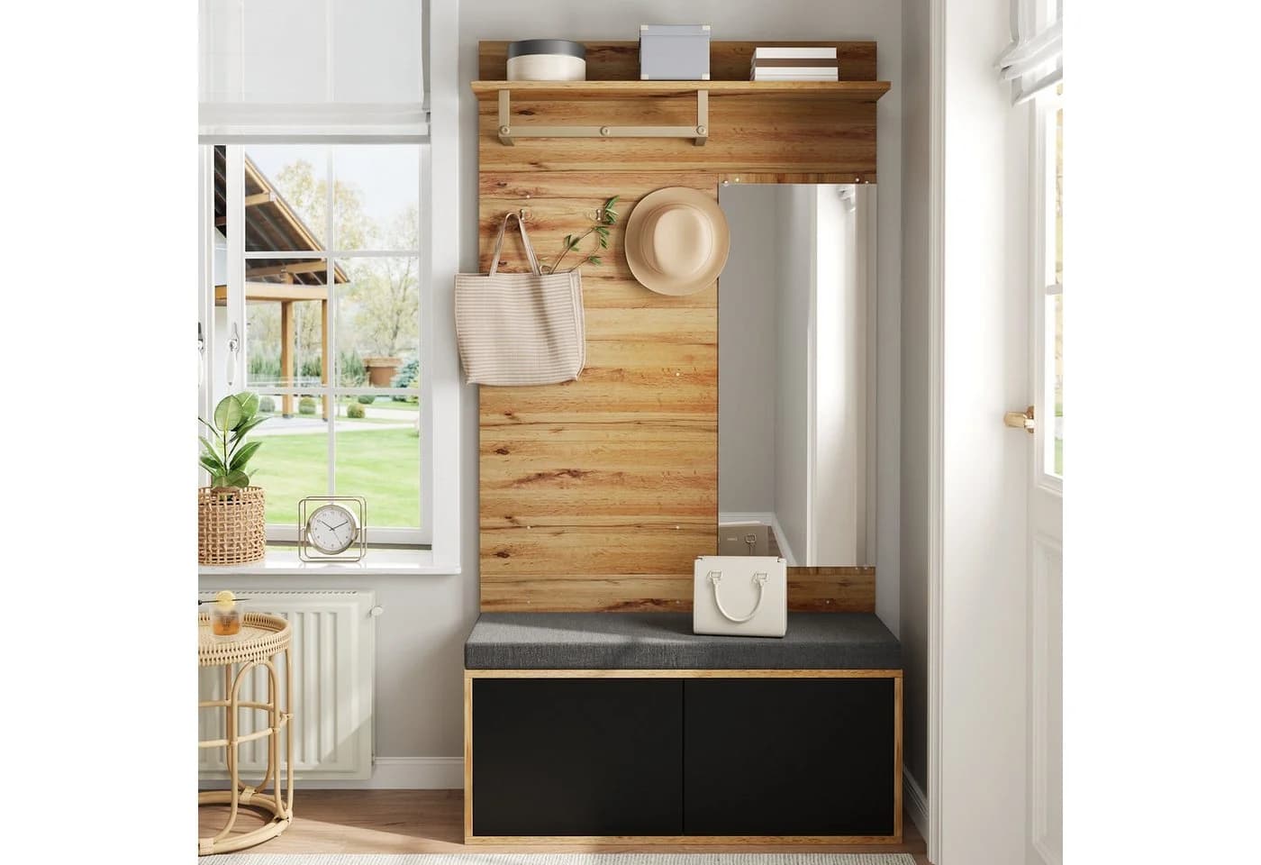 Merax Garderoben-Set mit Spiegel & Sitzkissen, Kompaktgarderobe in Schwarz-Holzoptik - Bild 2