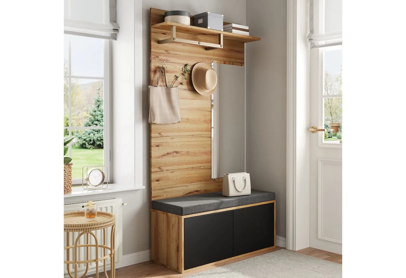Merax Garderoben-Set mit Spiegel & Sitzkissen, Kompaktgarderobe in Schwarz-Holzoptik - Bild 3