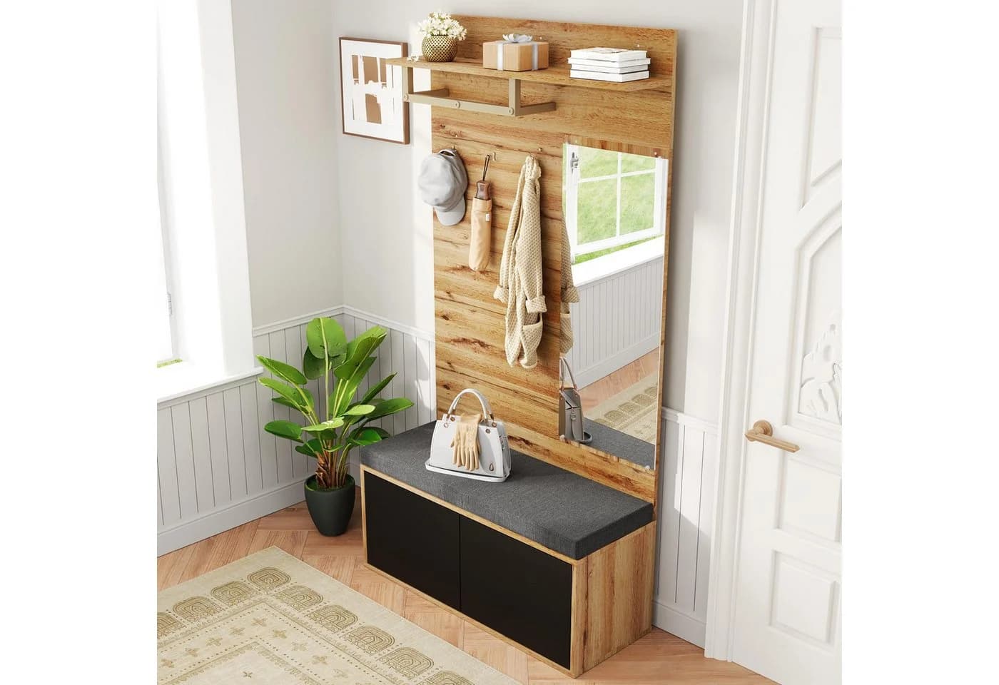 Merax Garderoben-Set mit Spiegel & Sitzkissen, Kompaktgarderobe in Schwarz-Holzoptik - Bild 4