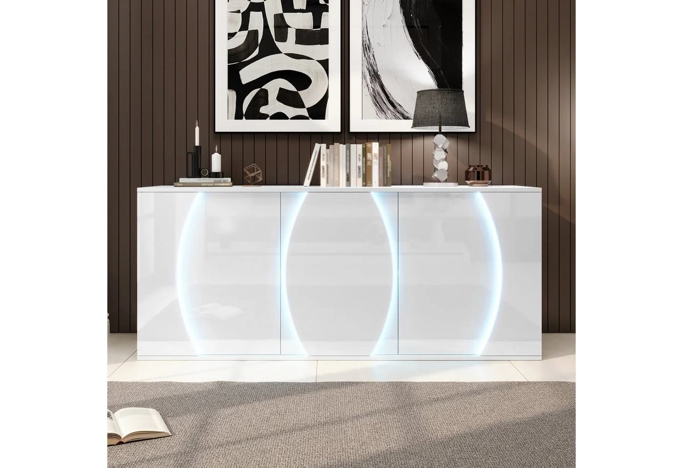 Merax Sideboard LED-Beleuchtung Hochglanz Weiß - Bild 3