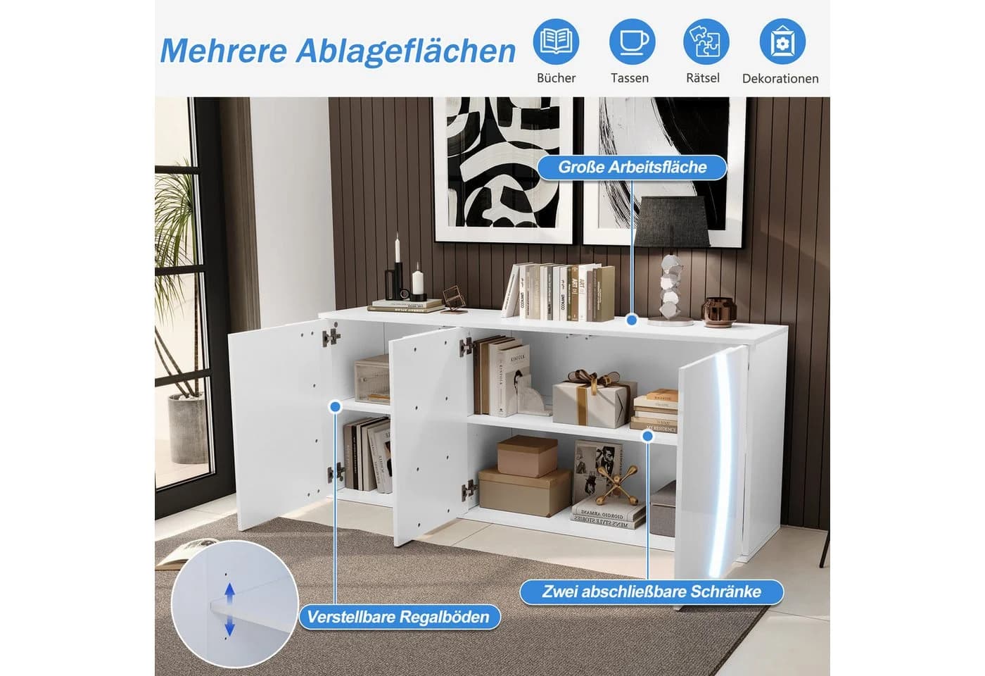 Merax Sideboard LED-Beleuchtung Hochglanz Weiß - Bild 4
