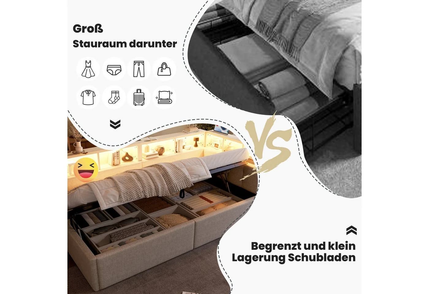 Merax Daybett 90x200cm mit LED, USB & Bettkasten Beige/Grau - Bild 5