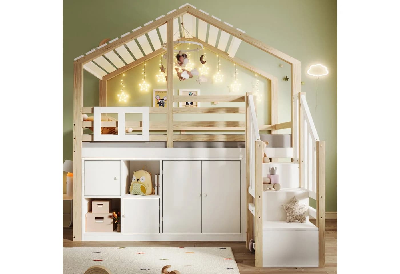 Merax Hochbett 90x200cm Hausform Kinderbett Stauraumtreppe