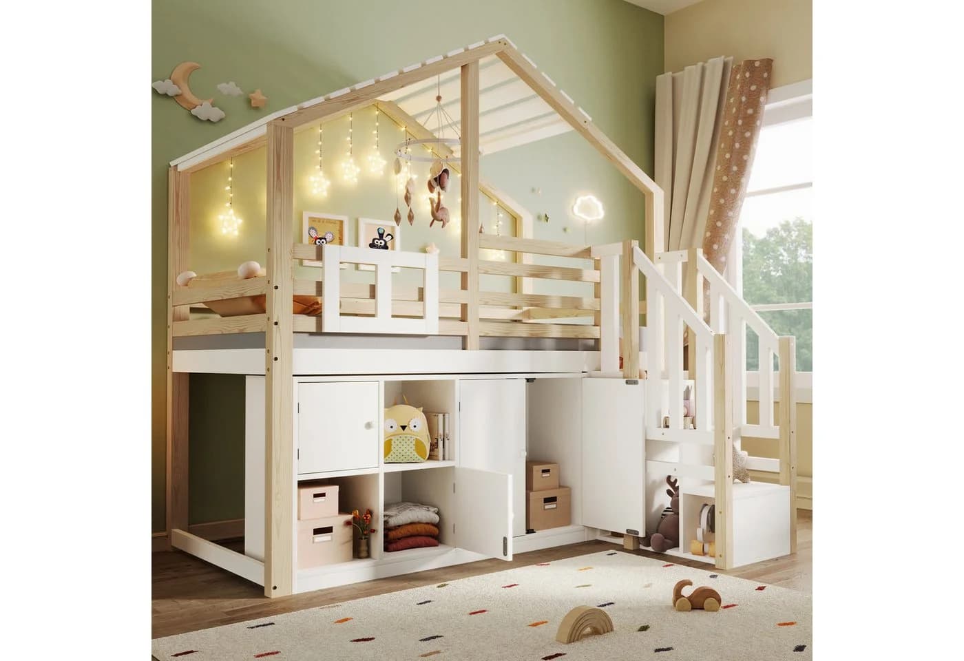 Merax Hochbett 90x200cm Hausform Kinderbett Stauraumtreppe - Bild 2