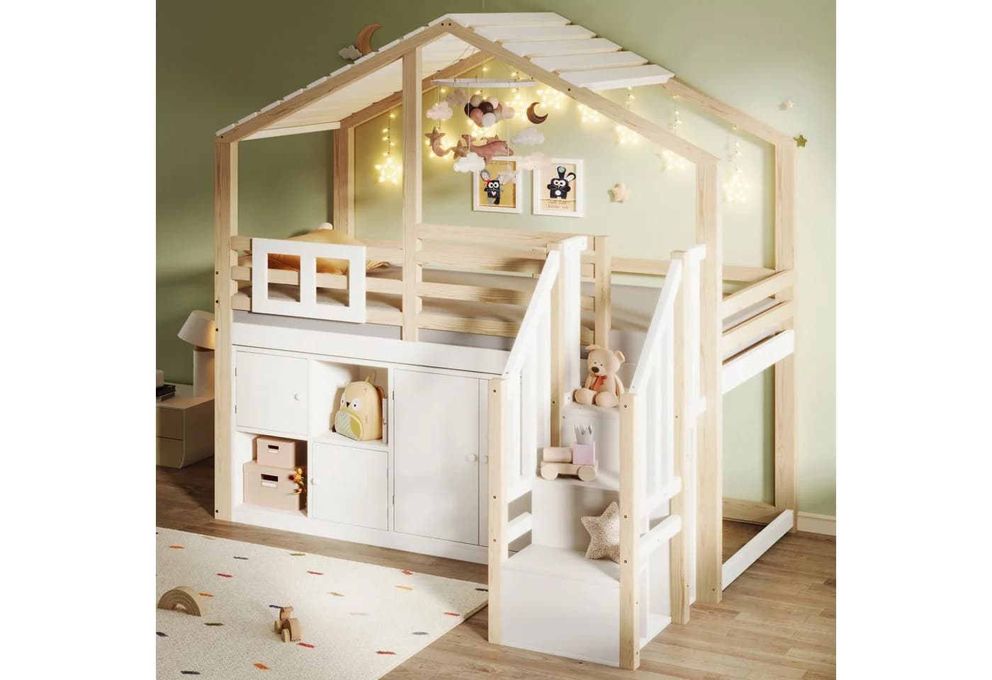 Merax Hochbett 90x200cm Hausform Kinderbett Stauraumtreppe - Bild 4