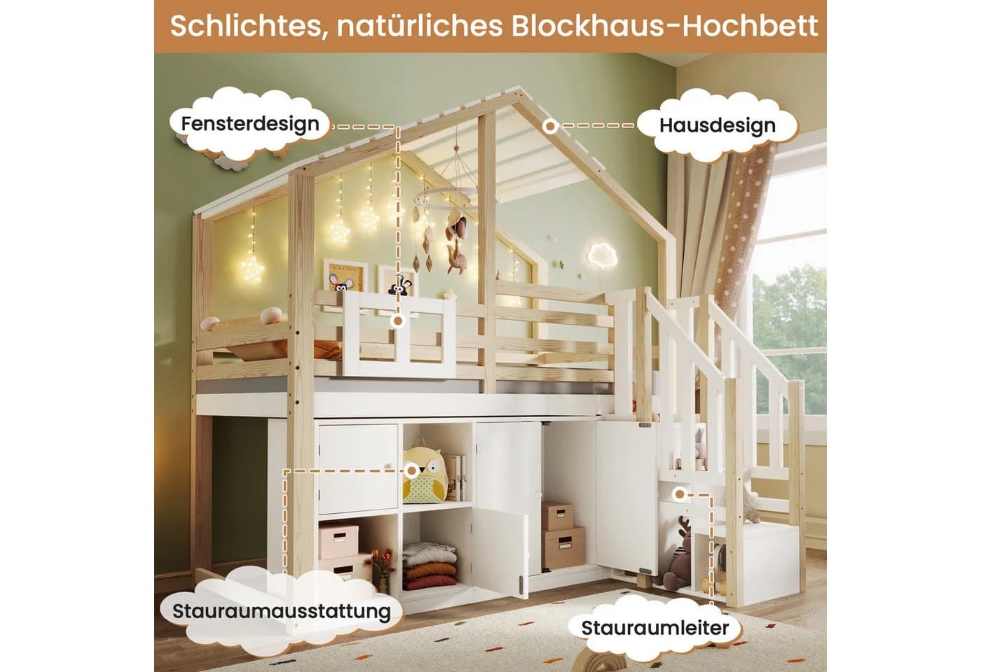 Merax Hochbett 90x200cm Hausform Kinderbett Stauraumtreppe - Bild 5