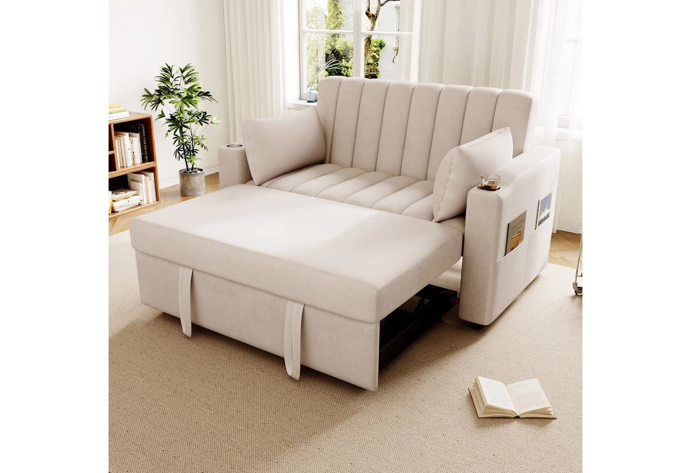 Merax Schlafsofa 2-Sitzer Sofa mit Schlaffunktion, Doppelsofa mit verstellbarer Rückenlehne, Getränkehalter und Kissen - Bild 3