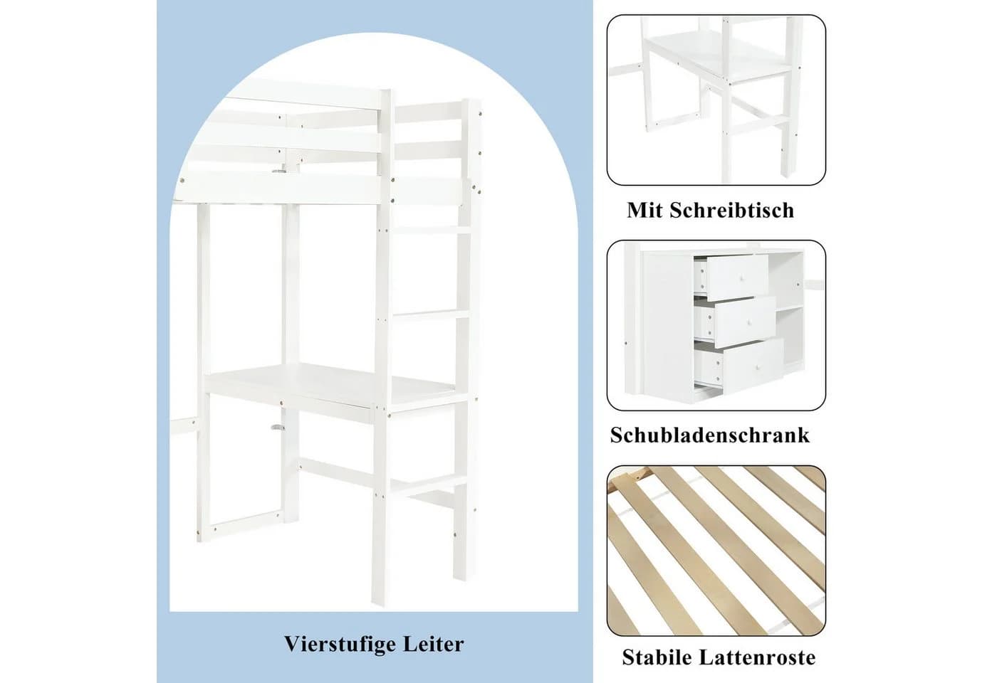 Merax Hochbett 90x200cm mit Schreibtisch und Stauraum Weiß - Bild 5