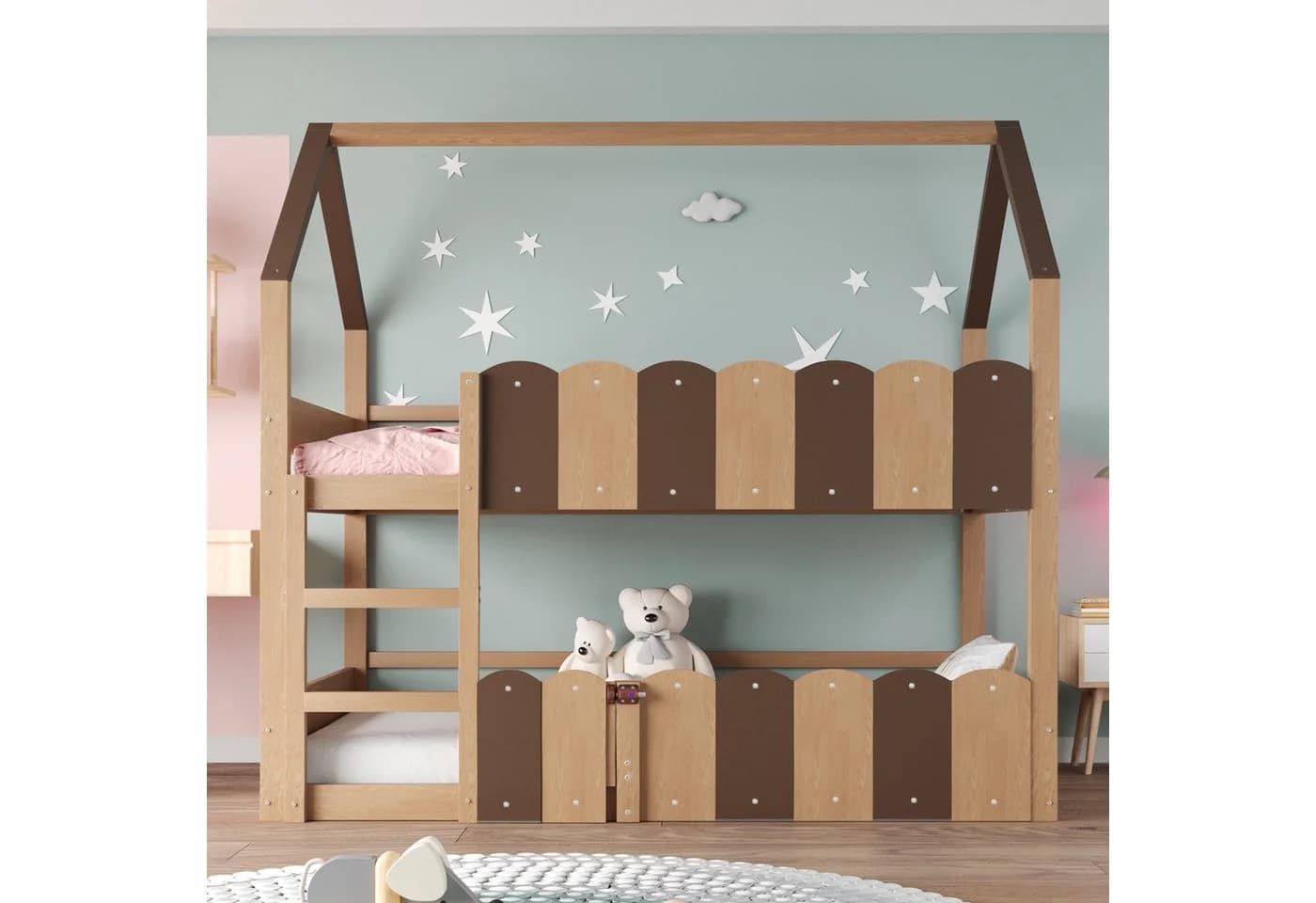 Merax Etagenbett Haus-Design 90x200 cm mit Tür und Geländer