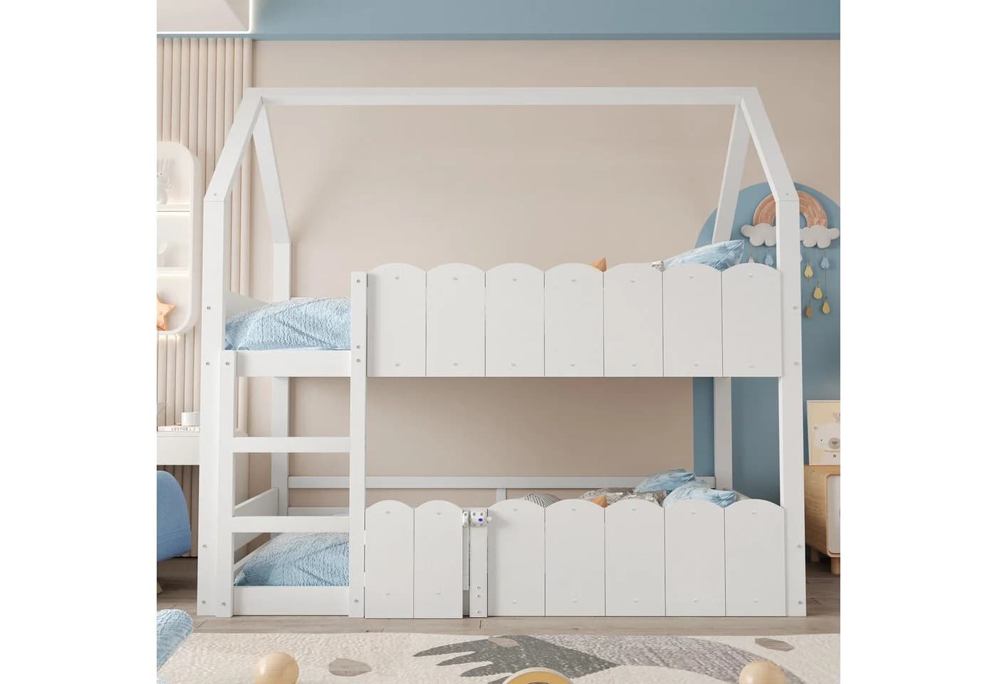 Merax Etagenbett Haus-Design Kinderbett 90x200cm mit Sicherheitsgeländer