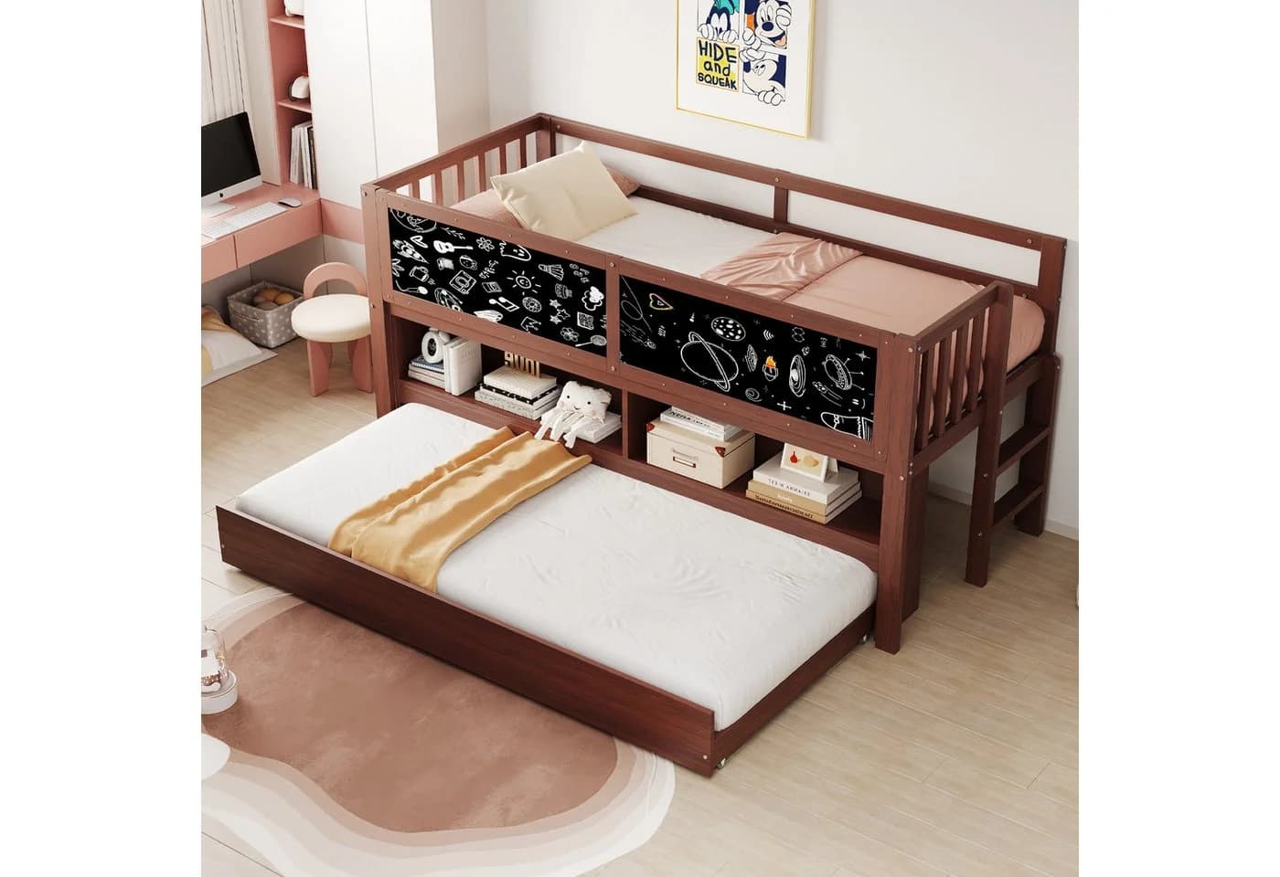 Merax Kinderbett 90x200cm mit Ausziehbett Massivholz Hausbett