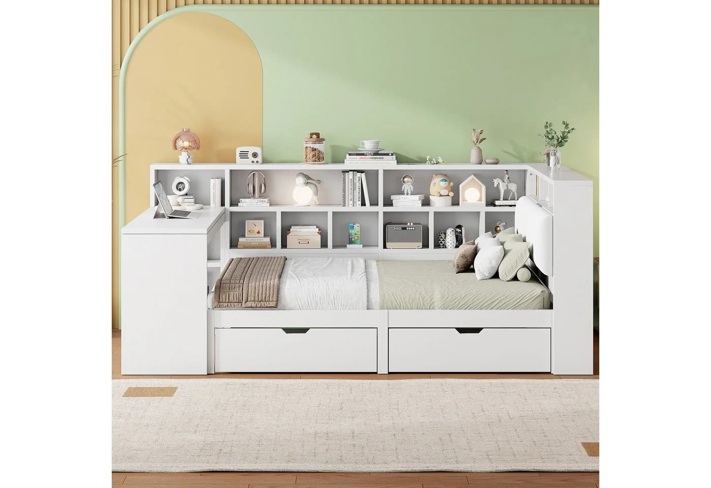 Merax L-förmiges Plattformbett mit LED, Steckdosen und USB, 140x200cm