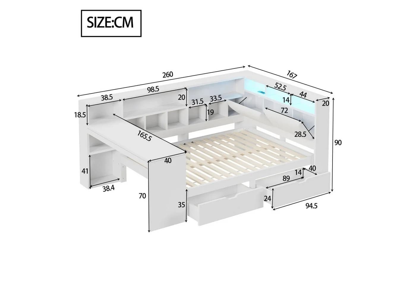 Merax L-förmiges Plattformbett mit LED, Steckdosen und USB, 140x200cm - Bild 4