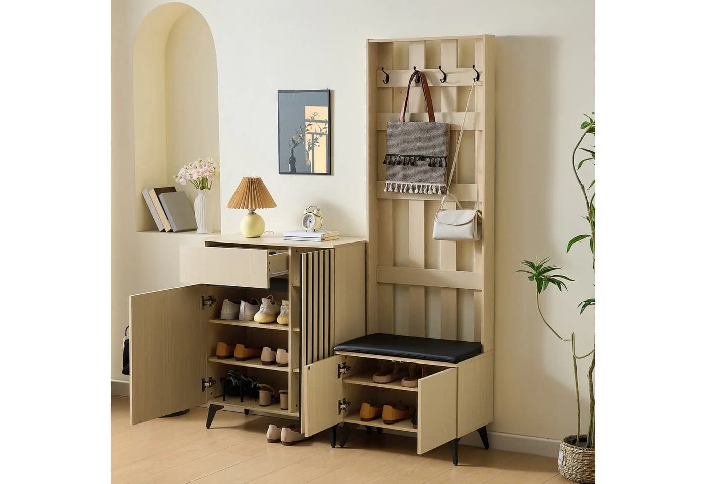 Merax Garderoben-Set mit Sitzbank und Sideboard, Flurmöbel-Set mit Schuhschrank - Bild 4