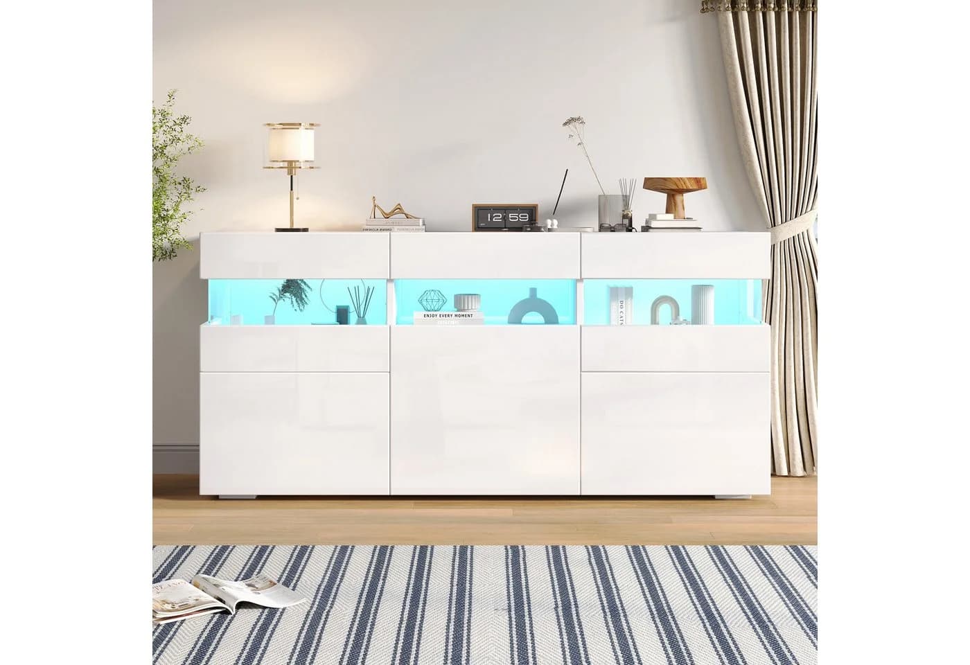 Merax Sideboard mit LED-Lichtleiste, Weiß, Hochglanzfront - Bild 2